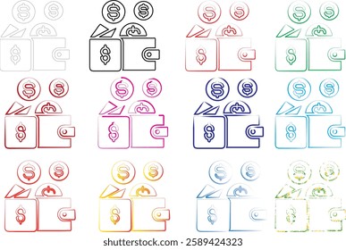 Minimalist wallet icons, money symbols, simple line drawings, colorful outlines, various hues, financial pictograms, flat design, currency signs, compact illustrations, repeated patterns, geometric sh