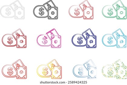 Minimalist wallet icons, money symbols, simple line drawings, colorful outlines, various hues, financial pictograms, flat design, currency signs, compact illustrations, repeated patterns, geometric sh