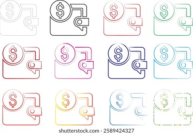 Minimalist wallet icons, money symbols, simple line drawings, colorful outlines, various hues, financial pictograms, flat design, currency signs, compact illustrations, repeated patterns, geometric sh