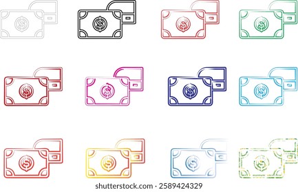 Minimalist wallet icons, money symbols, simple line drawings, colorful outlines, various hues, financial pictograms, flat design, currency signs, compact illustrations, repeated patterns, geometric sh