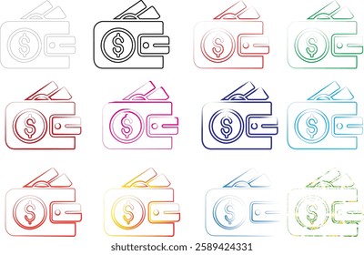 Minimalist wallet icons, money symbols, simple line drawings, colorful outlines, various hues, financial pictograms, flat design, currency signs, compact illustrations, repeated patterns, geometric sh