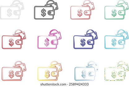 Minimalist wallet icons, money symbols, simple line drawings, colorful outlines, various hues, financial pictograms, flat design, currency signs, compact illustrations, repeated patterns, geometric sh