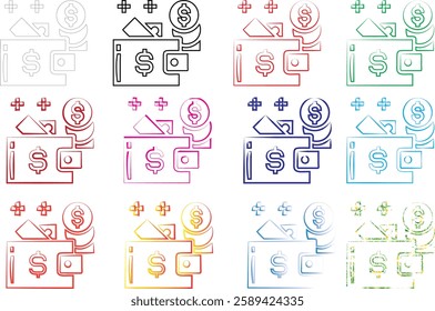 Minimalist wallet icons, money symbols, simple line drawings, colorful outlines, various hues, financial pictograms, flat design, currency signs, compact illustrations, repeated patterns, geometric sh