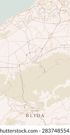 Minimalist warm beige map of Blida, Algeria, featuring regional road networks, Atlas Mountain foothills, city layout, and geographic coordinates.