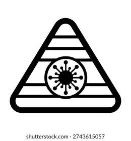 Minimalist warning symbol combining triangular hazard shape with circular virus illustration for health safety and caution campaigns