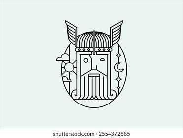 Minimalist Warrior Art Line Illustration with Winged Helmet with black outline