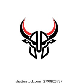 Minimalist warrior helmet icon blending gladiatorial strength with bull power. Ideal for sports teams, fitness branding, or gaming logos.
