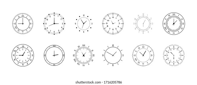 Minimalist watch, round clocks and watch face. Classic black and white round wall clock isolated on white. Apartment. Vector illustration, EPS 10.