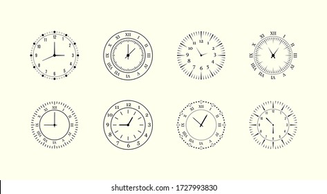 Minimalist watch, round clocks and watch face. Classic black and white round wall clock isolated on white. Apartment. Vector illustration, EPS 10.