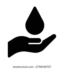 Minimalist water conservation icon featuring a hand holding a water droplet, symbolizing environmental protection, sustainability, and responsible resource management. Ideal for eco-friendly campaigns, utility services, water conservation initiatives, and environmental awareness projects.