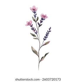 Minimalist watercolor artwork of a slender wildflower branch with soft pink and purple blossoms perfect for greeting cards packaging and stationery