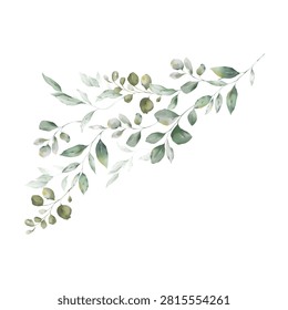 Minimalist watercolor greenery branches with soft, muted green and silver leaves