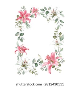 Minimalist watercolor illustration of elegant rectangular frame featuring lily Casa Blanca and lilium Sorbonne with delicate green foliage