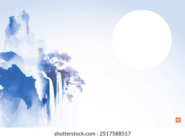 Paisagem de aquarela minimalista com montanhas azuis nebulosas, uma cachoeira e um grande sol branco em um céu tranquilo.Hieroglifo - silêncio.