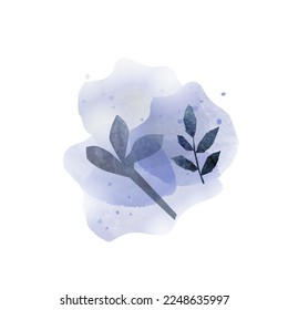 Minimalist watercolor organic shapes, leafy twigs in blue colors isolated on white background. Modern aquarelle illustration for posters, wall art, covers, etc.