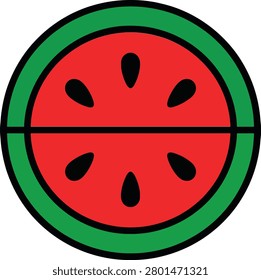 Minimalist watermelon cross section icon featuring red pulp green rind and black seeds for fresh summer fruit nutrition and healthy eating themes
