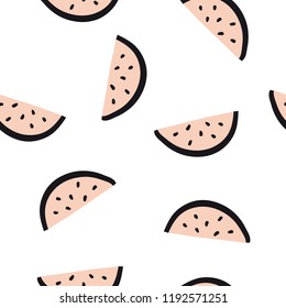 Minimalist watermelon slice seamless pattern. Simple summer fruit ornament. Doodle, flat, hand drawn texture for wallpaper, textile, fabric, paper. Pink and black. Vector