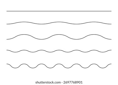 Variaciones minimalistas de la línea de onda en negro sobre fondo blanco. Conjunto de líneas sinusoidales sin fisuras con amplitud y frecuencia crecientes. Ilustración vectorial geométrica.
