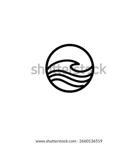 Minimalist wave logo in a simple, circular line art style. An abstract icon for surf, ocean, or nature-themed branding and design.