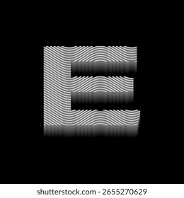 Minimalistischer wellenförmiger 3D-Buchstabe E auf schwarzem Hintergrund. 3D-Layered Letter E-Design mit wellenförmigen Streifenlinien auf schwarzem Hintergrund.