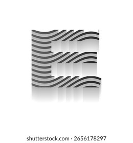 Minimalista Ondulado 3D letra E sobre fondo negro. Diseño de letra E en capas 3D con líneas onduladas a rayas sobre fondo negro.