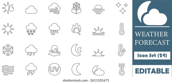 Minimalist weather icon set featuring 24 vector illustrations in calming blue and orange hues. Ideal for apps, forecasts, and UI,UX design projects.