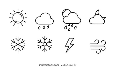 Conjunto de iconos de Clima minimalista en un estilo de contorno simple. Una colección limpia de símbolos de pronóstico para el diseño moderno de Web o interfaz App.