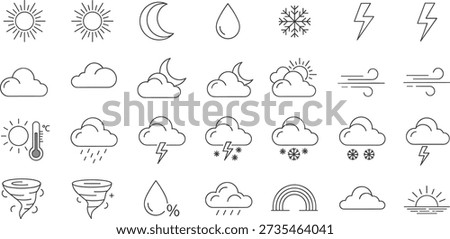 Minimalist Weather Line Icon Set Featuring Sun Clouds Rain Snow Thunderstorm Wind Tornado Humidity Rainbow and Temperature Symbols for Forecast Design