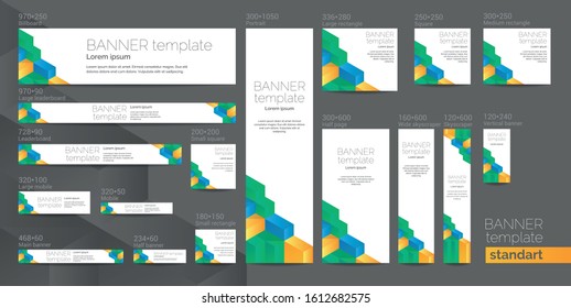 minimalist web banner template for ad, standard sizes, vertical square and horizontal, with isometric blocks