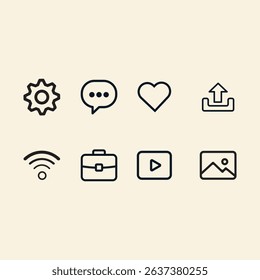 Minimalist Web Icon Settings, Chat, Heart, Upload, Wi-Fi, Briefcase, Play, Gallery. Perfect for UI or UX, apps, and websites. Clean, modern, black and white design.