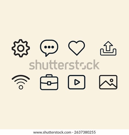 Minimalist Web Icon Settings, Chat, Heart, Upload, Wi-Fi, Briefcase, Play, Gallery. Perfect for UI or UX, apps, and websites. Clean, modern, black and white design.