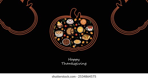 minimalist website banner, poster, flyer of thanksgiving with pumpkins and thanksgiving dinner  pumpkin pie ,stuffing ,apple pie, casserole ,hot chocolate mug, acorns ,sunflowers