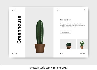 minimalist website design template, a cool landing page with a modern layout accompanied by a 3D cactus design in a vase, can be used for web, phone, name cards, greeting cards and banners