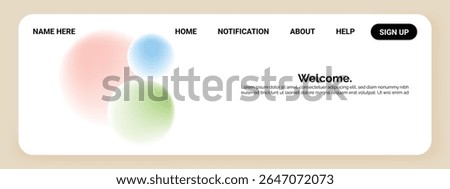 A minimalist website header featuring a light beige background with rounded corners. The left side displays three blurred