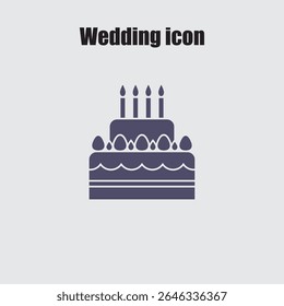 A minimalist wedding cake icon design presents a celebratory confection topped with lit candles on a pale grey background.