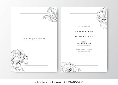 minimalist wedding card with hand drawn roses flower decoration 