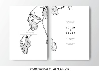 minimalist wedding card with magnolia flower line art design