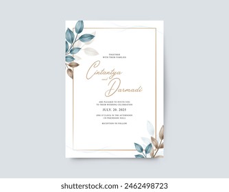 Minimalist wedding card template with leaves watercolor