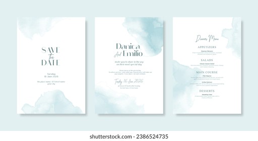 Invitación de boda minimalista con textura de fondo de color azul. Hermosa y elegante invitación a la boda con flor acuarela. Plantilla de tarjeta de boda simple y elegante