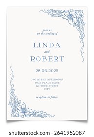 Minimalist wedding invitation card with blue floral line art frame. Marriage invite postcard template with whimsical elegant hand drawn lily floral wreath. Toile de jouy concept. Vector illustration
