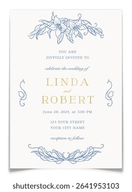 Minimalist wedding invitation card with blue floral line art frame. Marriage invite postcard template with whimsical elegant hand drawn lily floral wreath. Toile de jouy concept. Vector illustration