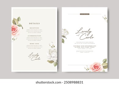 Tarjeta de invitación de boda minimalista con decoración de flores de rosa