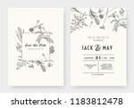 Minimalist wedding invitation card template design, floral black line art ink drawing with square frame on light grey