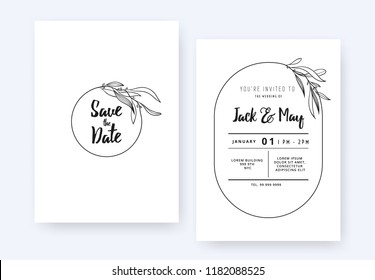 Minimalist wedding invitation card template design, foliage line art ink drawing with circle frame on white