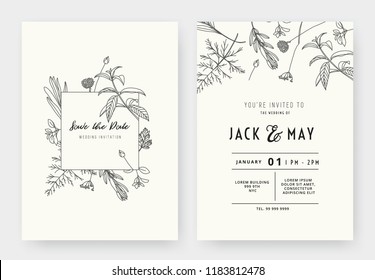 Minimalist wedding invitation card template design, floral black line art ink drawing with square frame on light grey - Shutterstock ID 1183812478