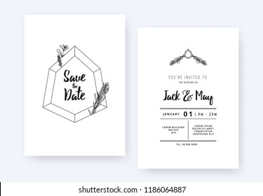 Minimalist wedding invitation card template design, hexagon gemstone and foliage line art ink drawing on white