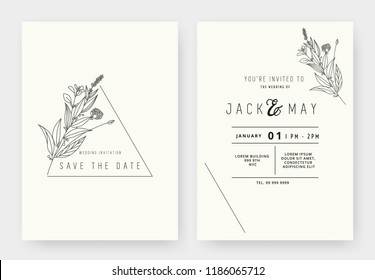 Minimalist wedding invitation card template design, floral black line art ink drawing with triangle frame on light grey