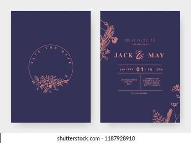 Minimalist Wedding Invitation Card Template Design, Circle Floral Wreath, Line Art Ink Drawing In Red And Purple Tones