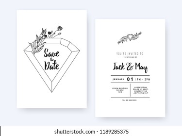 Minimalist wedding invitation card template design, diamond gemstone and foliage line art ink drawing on white