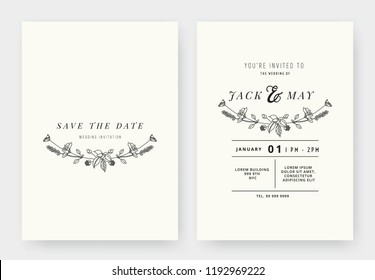 Minimalist Wedding Invitation Card Template Design, Floral Black Line Art Ink Drawing Wreath On Light Grey